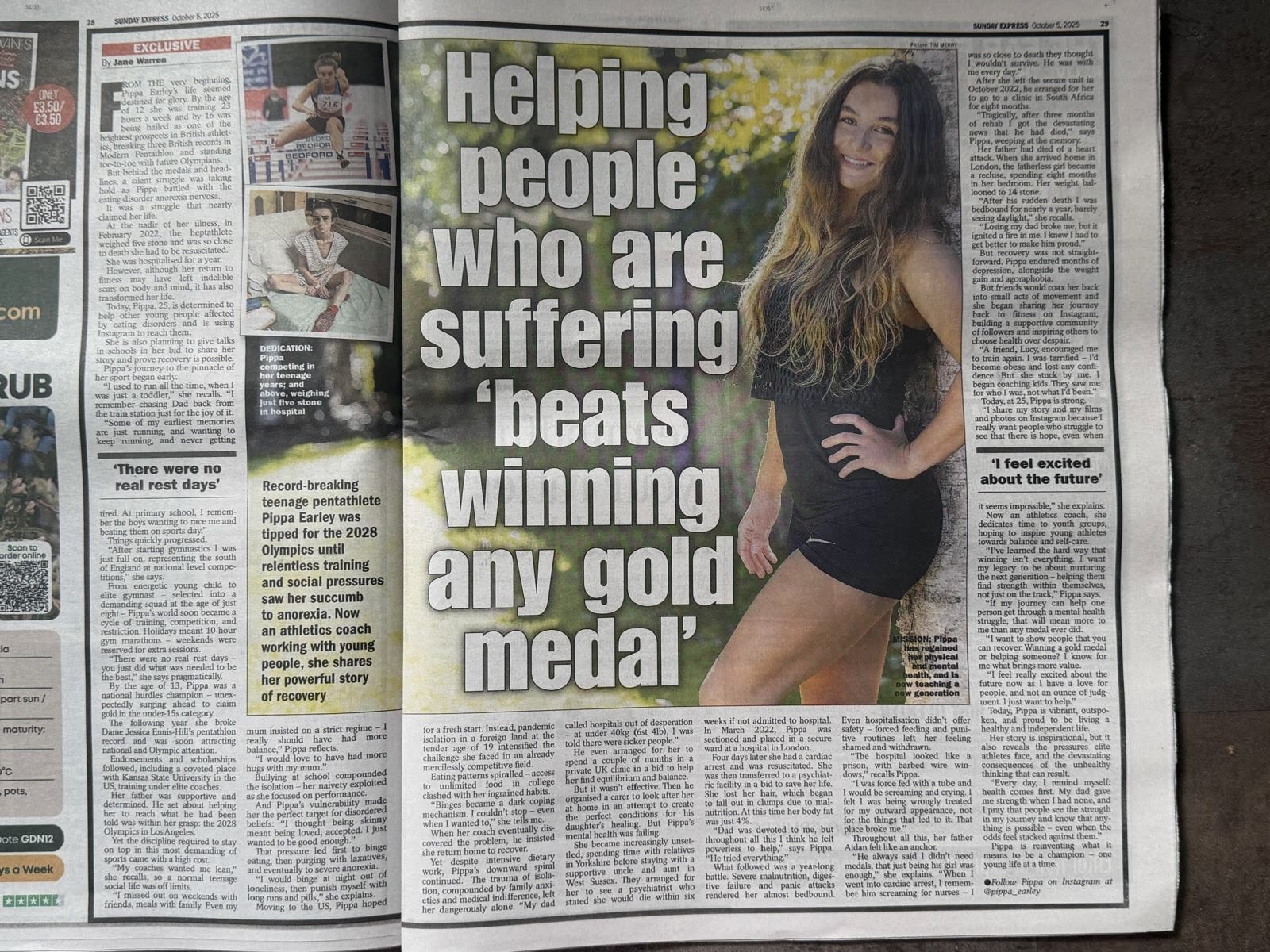 Sunday Express double-page feature on Pippa Earley, headlined 'Helping people who are suffering beats winning any gold medal'